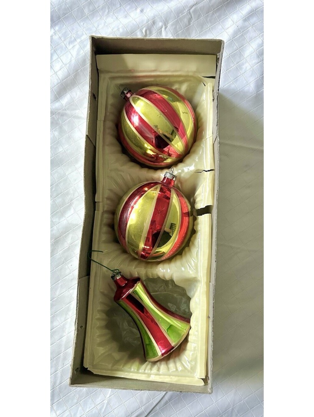 Vtg Christmas Commodore Hand Painted Blown Glass Ball Bell Ornaments MCM Retro